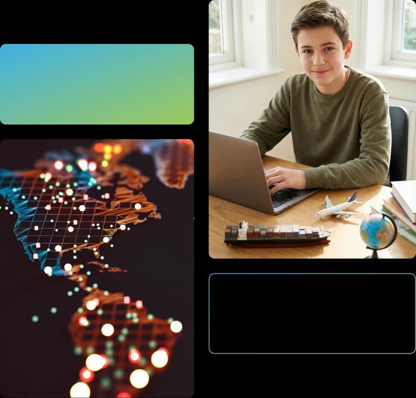 Duas imagens em mosáico. A primeira é uma representação gráfica do continente americano. Na segunda um rapaz sorri para a câmera sentado em frente a um laptop, que está apoiado sobre uma mesa. Na mesa há minuaturas de um avião, navio com contâineres e um globo terrestre.