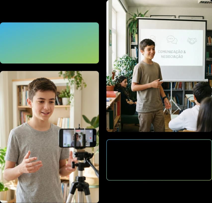 Mosáico com duas fotos. Na primeira, um jovem fala enquanto é filmado por um celular apoioado em um tripé. Na segunda, outro jovem faz uma apresentação em frente a uma tela com a projeção de um slide com o texto "COMUNICAÇÃO E NEGOCIAÇÃO".