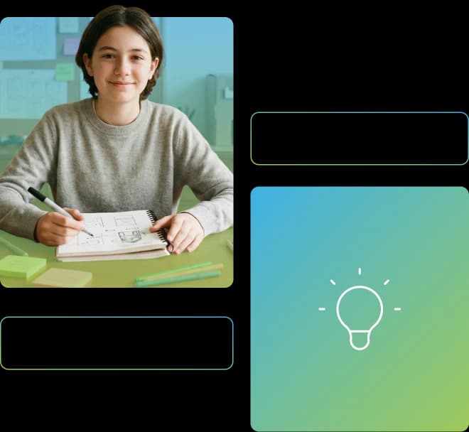 Menina sorri para a câmera enquanto segura um caderno com desenhos.