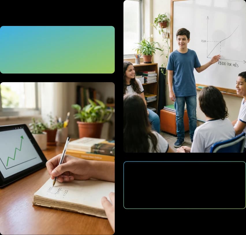 Mosáico com duas fotos. A primeira mostra uma mão escrevendo em um caderno diante de um tablet exibindo um gráfico. Na segunda, um jovem aponta para um quadro branco com um gráfico desenhado em frente a quatro outros jovens sentados em círculo.