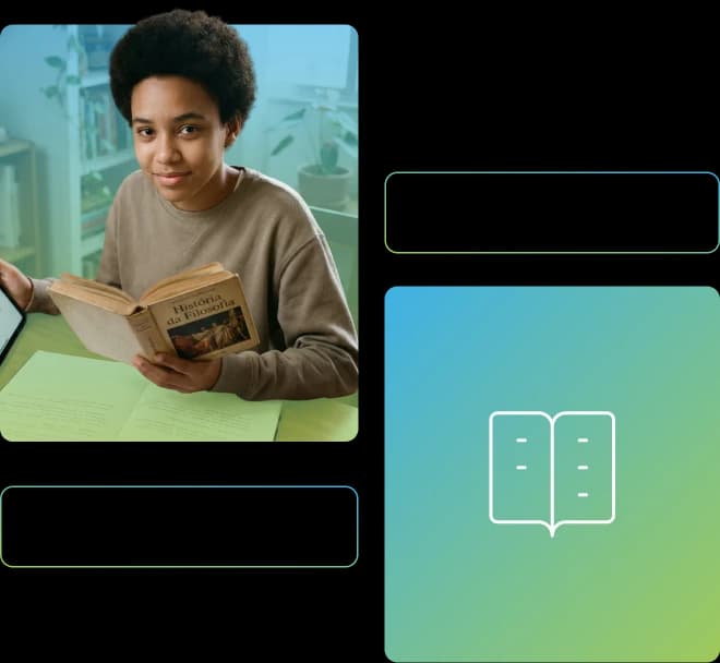 Uma jovem sorri levemente olhando para a câmera enquanto segura um livro entitulado "História da Filosofia".