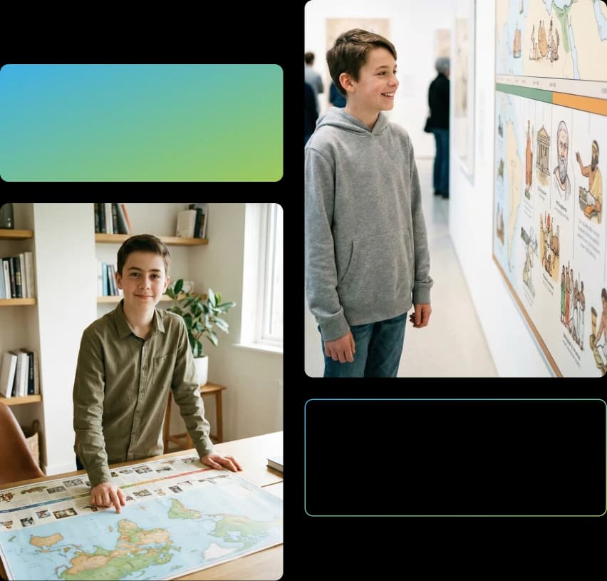 Mosáico com duas fotos. Na primeira, um jovem sorri levemente olhando para a câmera enquanto aponta para um mapa mundi. Na segunda, outro jovem sorri enquanto observa painéis com filósofos gregos exibidos em uma galeria.