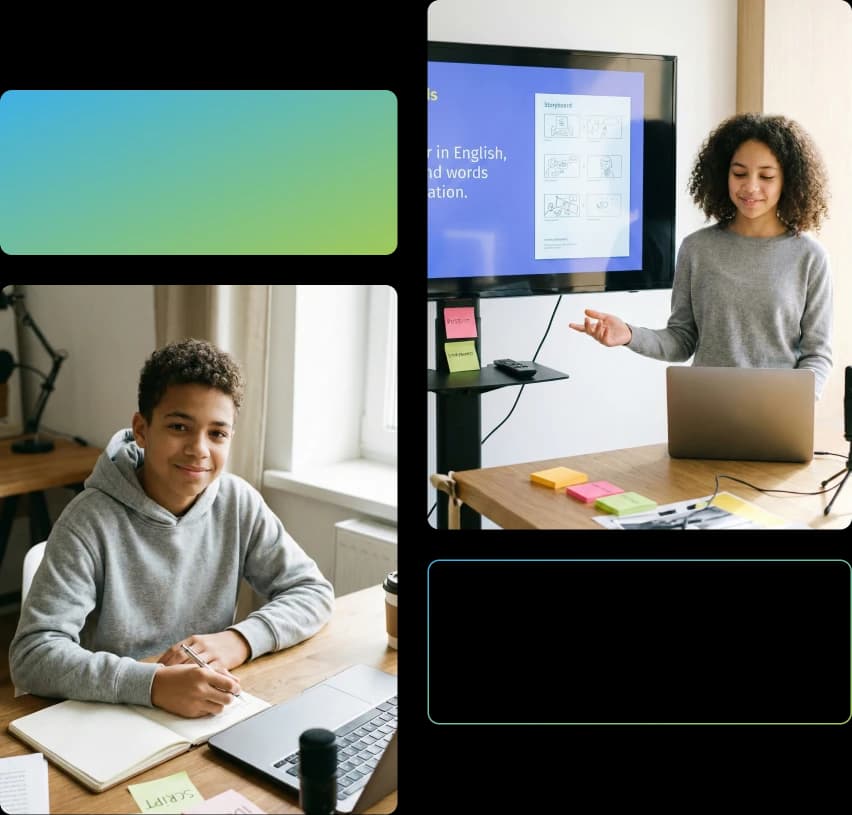 Mosáico com duas fotos. Na primeira, um jovem sentado em frente a um laptop e escrevendo em um caderno sorri olhando para a câmera. Na segunda, uma jovem à frente de uma televisão parece fazer uma apresentação.