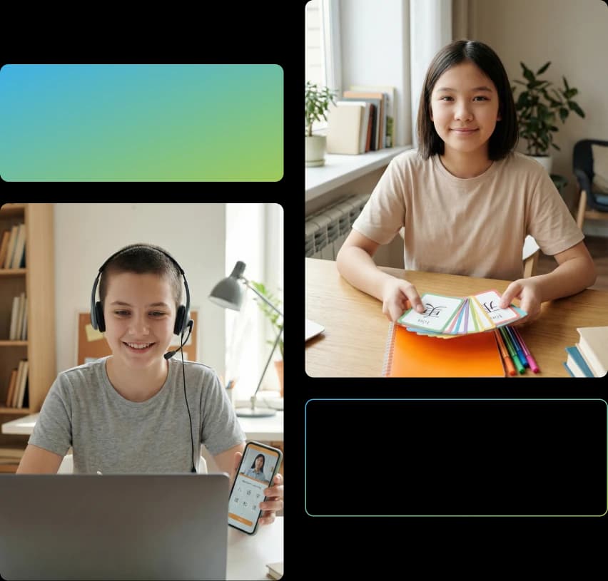 Mosáico com duas imagens. Na primeira, um jovem sentado em frente a um laptop usando um headset e segurando um smartphone. Na segunda, uma jovem segurando cartões com ideogramas sorri levemente enquanto olha diretamente para a câmera.