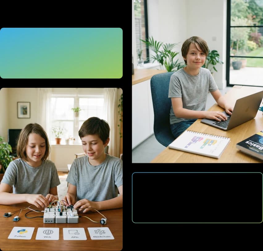Duas imagens arranjadas em mosáico. Na primeira, duas crianças manuseiam components eletrônicos. Na segunda, um menino sentado em frente a um laptop sorri enquanto olha diretamente para a câmera.