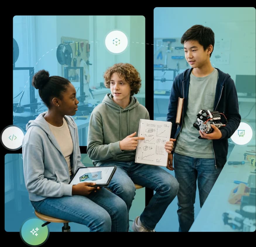 Três jovens em volta de uma bancada com componentes eletrônicos.